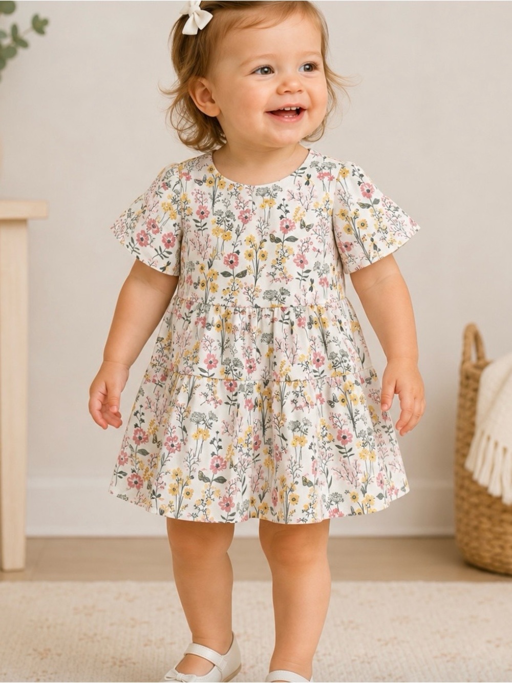 Floral Belle Girls Dress Size 12-18m Pink And Yellow Flowers W Butterfly Details